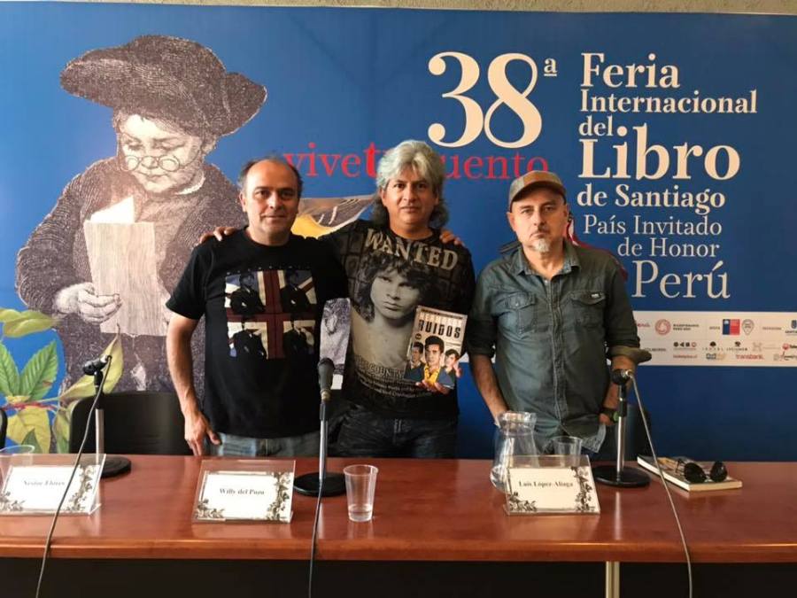Presentación del libro "Hermosos Ruidos" en FILSA18. Willy del Pozo junto a los chilenos Nestor Fica y Luis Lopez-Aliaga. Fuente: Ediciones Altazor.